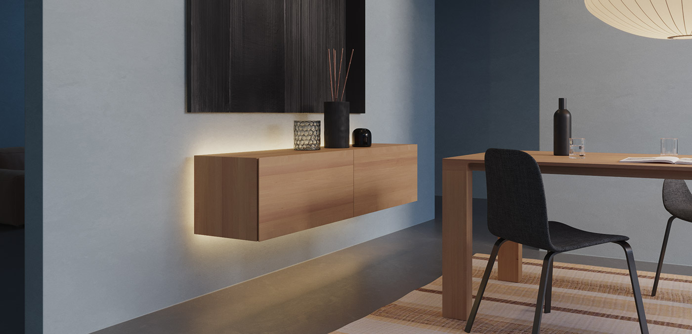 Loox 5 in woonruimte: Achtergrondverlichting laat de meubels zweven.
