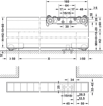 Schuifdeurbeslag, Slido D-Line43 80M, garnituur met looprail voor 1 deur