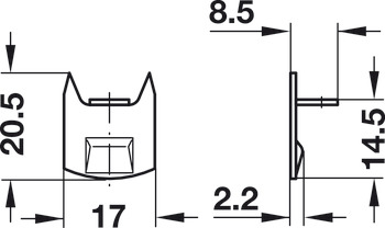 Hoeksluitplaat, voor meubelschuifgrendel, met kraag en korte punten