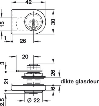 Hevelsluiting voor glazen deur, met stiftcilinder, doornmaat 26 mm, klantspecifiek HS/GHS sluitsysteem
