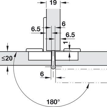 Projectscharnier, Häfele Aximat 100 A, voor tweezijdige montage, voeg 6 mm
