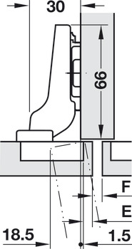 Potscharnier, Blum Clip 100°, tussenwandmontage, voor dunne deuren, met zelfsluitmechanisme