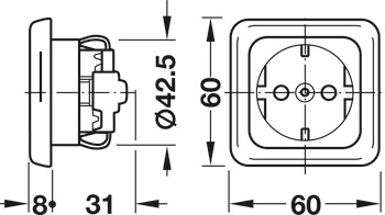 Geaarde stopcontacten, 60 x 60 mm, inbouw, 230 V