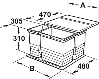 Viervoudige afvalemmer, voor Häfele Matrix Box P, 2 x 8 en 1 x 17 liter/2 x 8 en 2 x 17 liter