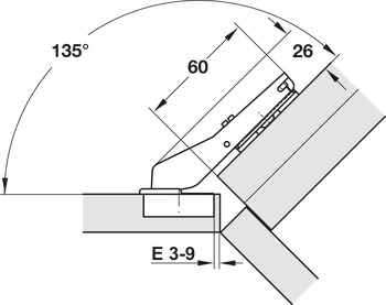 Potscharnier, Häfele Duomatic Plus 110°, voor 45°-hoektoepassing, voor gelijkliggende fronten